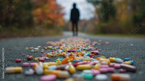Obraz Scattered Pills on Autumn Road, Blurred Figure Walking Away