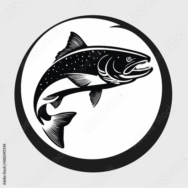Fototapeta Stylized black and white vector illustration of a jumping speckled trout, enclosed in a circular frame with a hook, ideal for a fishing club logo or emblem