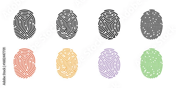 Fototapeta Set of Eight Fingerprint Illustrations in Black and Various Colors on a White Background