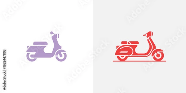 Fototapeta Side View of Two Scooters, Lilac and Red Icons on Gray Backgrounds