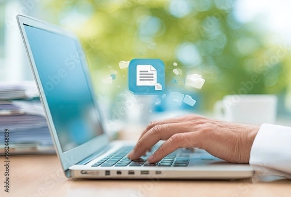 Fototapeta Laptop with document icon, files transfer