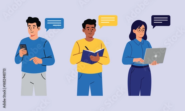 Obraz Diverse group communicating online using modern technology. Vector illustration. Flat character