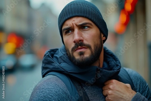 Fototapeta Adult male jogger experiencing shoulder pain while running in an urban setting, showing clear signs of injury or strain during physical activity, Generative AI