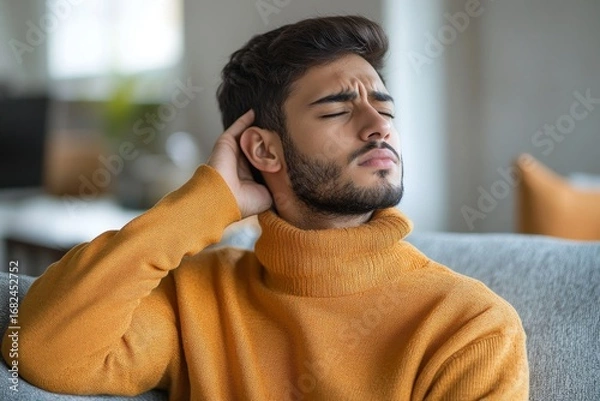Fototapeta young Muslim man suffering from neck pain, sitting on the couch tiredly, massaging his hand, indicating the effects of physical strain or discomfort, Generative AI