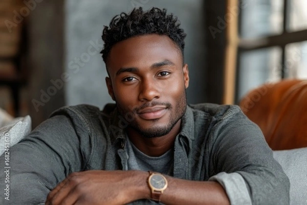 Fototapeta Portrait of a young handsome African-American man sitting on the sofa at home with his hands folded together, looking at the camera with a smile, representing calm and satisfaction, Generative AI