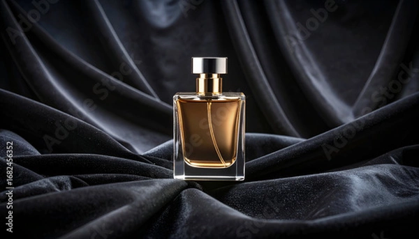 Fototapeta A sophisticated glass perfume bottle with a gold cap showcased on rich black velvet, illuminated by soft, warm bokeh lights for a high-end product display