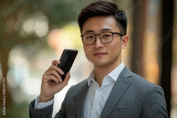 Fototapeta Serious young Asian male lawyer standing near an office building and using a mobile phone, displaying professionalism and confidence in his legal work, Generative AI