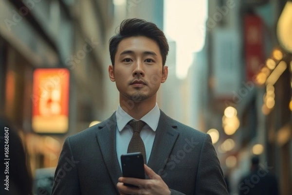 Fototapeta young Asian man in a business suit walking down the street near office buildings, using a mobile phone while moving between professional meetings, exuding efficiency and purpose, Generative AI