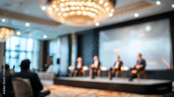Fototapeta An engaging panel discussion in a luxurious conference room with a stylish chandelier above.