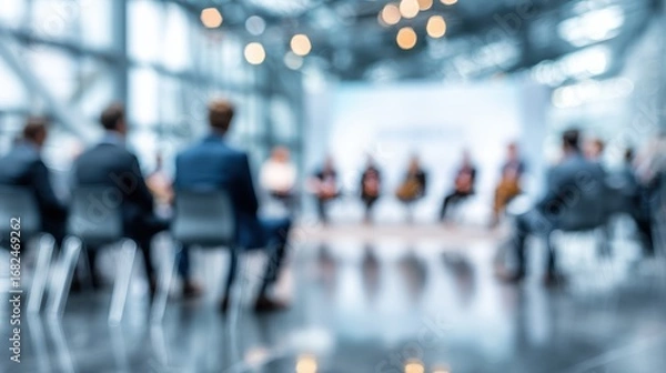 Fototapeta Blurry image of a business meeting, showcasing focused professionals engaged in discussion and collaboration.