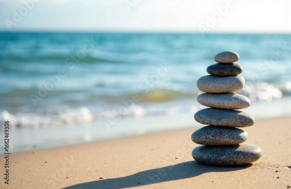 Obraz A stack of smooth stones arranged on sandy beach with ocean waves in the background