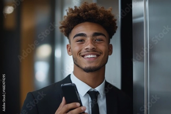 Fototapeta Smiling young male businessman standing in an office space, calling an elevator and using a mobile phone, depicting a busy and efficient professional at work, Generative AI