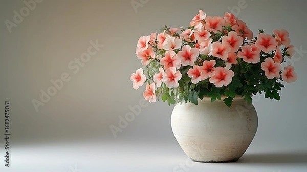 Obraz Flower Pot on Soft Light Gray Gradient Background: Large Textured White Pot with 5-Petal Pink-Coral Flowers & Green Leaves