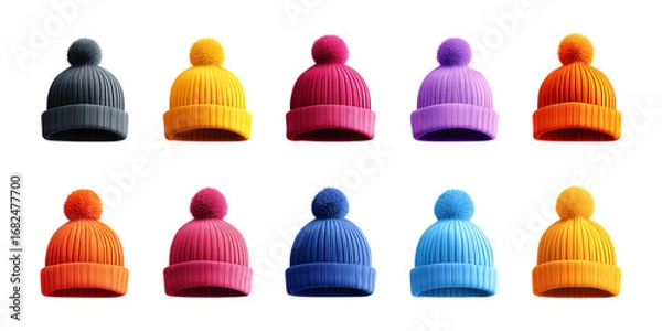 Fototapeta Pack Collection Colorful Knit Winter Beanies Pom Pom Hats Collection  Variety of Colors set against transparent background