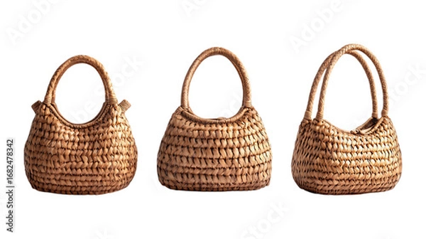 Fototapeta Pack Collection Handwoven Straw Bags Three Unique Designs in Tan set against transparent background