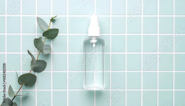 Fototapeta Elegant clear mist bottle and a refreshing eucalyptus leaf branch on a calm aquamarine tile pattern, showcasing clean beauty, spa essentials, or personal care items