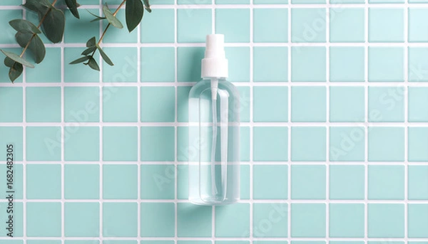 Fototapeta Clean and modern beauty product mockup featuring a transparent spray bottle and eucalyptus on a pastel turquoise tile grid. Top-down lifestyle concept
