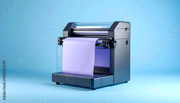Fototapeta Elegant printing machine with lavender roll on a pastel blue backdrop with soft focus
