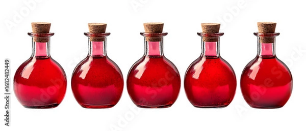 Fototapeta Pack Collection Five Red Glass Bottles Vibrant Potions Essential Oils or Perfume set against transparent background