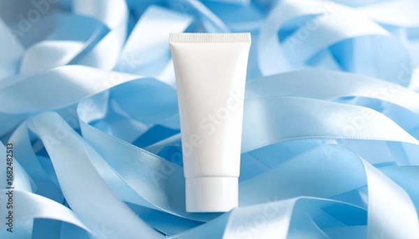 Fototapeta White cosmetic tube mockup displayed on a bed of delicate light blue ribbon loops, showcasing an elegant soft focus and clean product lighting