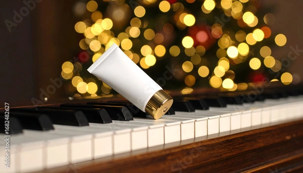 Fototapeta Blank cosmetic cream tube with a golden cap on vintage piano keys, featuring soft festive bokeh lights in the background