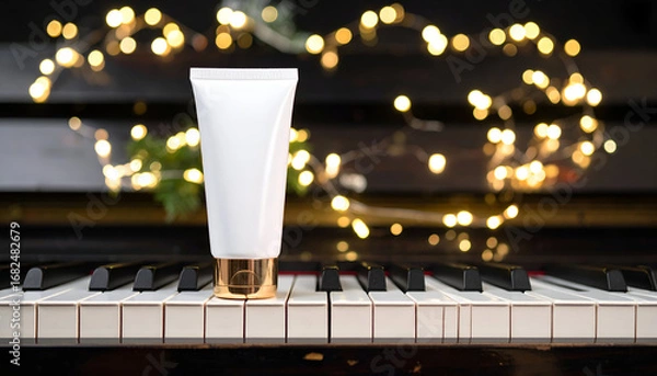 Fototapeta White cosmetic tube mockup with a gold cap standing on classic piano keys against a background of warm, blurred bokeh lights for product display