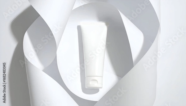 Fototapeta Minimalist beauty product mockup featuring a blank white cosmetic tube nestled within an abstract arrangement of curved paper sheets with soft shadows