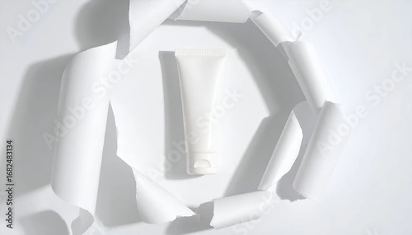 Fototapeta Minimalist top-down view of a blank white cosmetic tube mockup, artfully arranged inside a circular frame of torn paper with distinct shadows