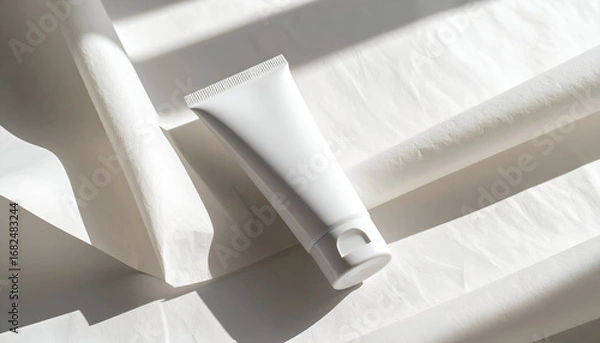 Fototapeta White cosmetic tube mockup for beauty product branding laid on a textured, accordion-folded surface with stark light and shadow
