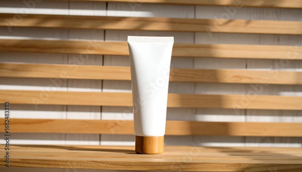 Fototapeta A clean mockup of a blank white cosmetic tube with a wooden cap, staged on a slatted background with elegant linear shadows from warm, natural sunlight