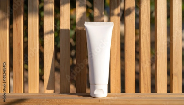 Fototapeta Blank white cosmetic cream tube mockup standing on a slatted wooden bench under natural sunlight, creating distinct vertical shadows