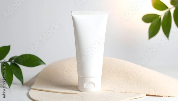 Fototapeta Minimalist product composition featuring an upright white cosmetic tube mockup on a beige podium, framed by fresh green leaves and illuminated by soft top light