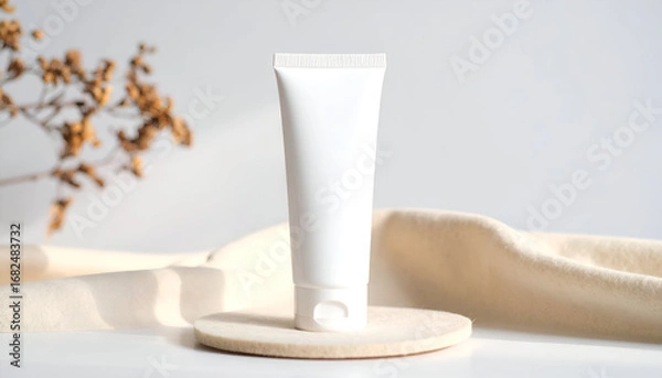 Fototapeta Blank cosmetic cream tube on a beige cloth stand with soft shadows, clean minimal layout for skincare product mockup