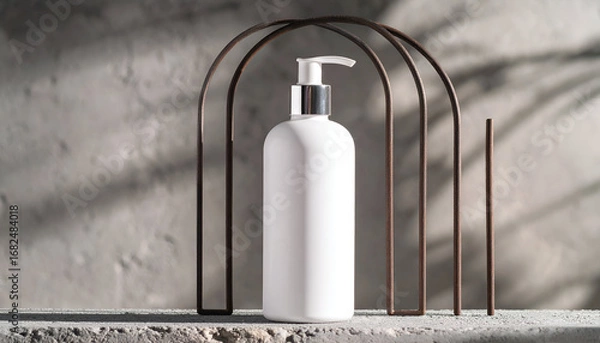 Fototapeta Clean and modern cosmetic product presentation with a white pump bottle mockup on a concrete podium, framed by a metal arch with natural light and shadow play