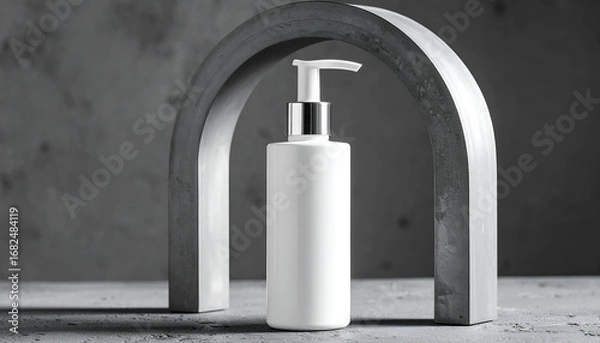 Fototapeta Modern minimalist composition of a white cosmetic dispenser bottle with a silver pump, presented within a grey concrete arch on a textured background