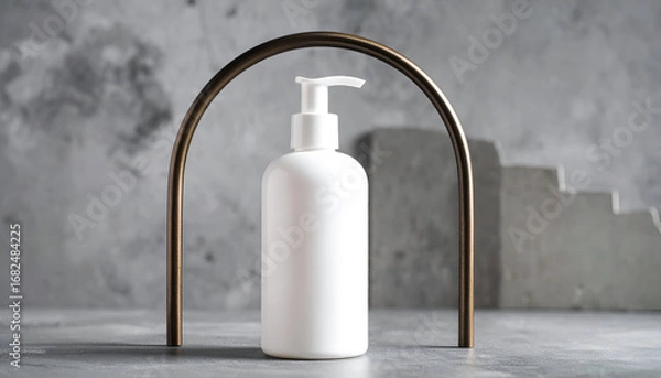 Fototapeta Modern product display featuring a blank white lotion pump bottle with a bronze arch against a textured industrial concrete background