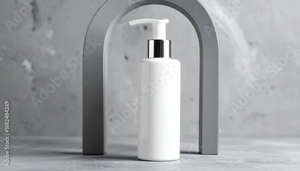 Fototapeta White cosmetic dispenser bottle with a silver pump presented as a product mockup in front of a grey arch on a modern textured concrete background