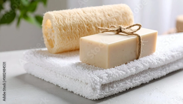 Fototapeta A serene spa arrangement with a natural bar of soap and loofah sponge resting on a fresh white towel, perfect for wellness and skincare routines