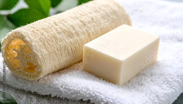 Fototapeta Detailed still life of a natural skincare routine with a bar of soap and a loofah sponge on a soft white towel, evoking spa tranquility