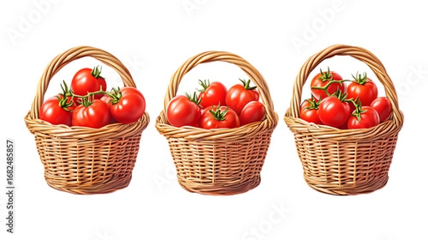Fototapeta Pack Collection Three Small Baskets of Ripe Cherry Tomatoes Perfect for FarmtoTable Recipes set against transparent background