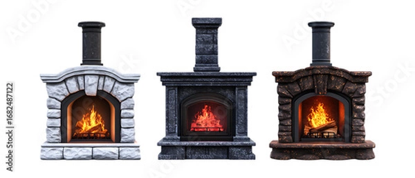 Fototapeta Pack Collection Three Elegant Fireplace Designs Stone Dark Gray and Rustic Brown set against transparent background