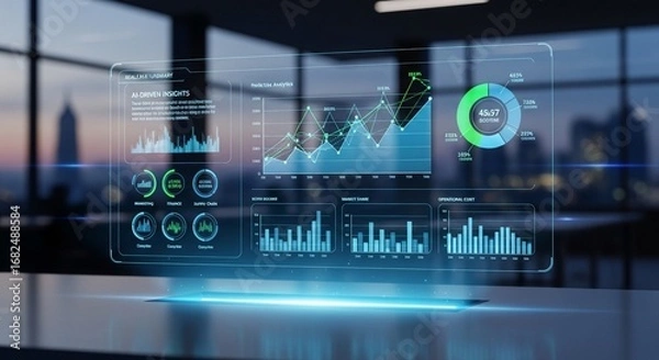Fototapeta Modern Business Data Analytics Dashboard with Futuristic Interface and Cityscape Background