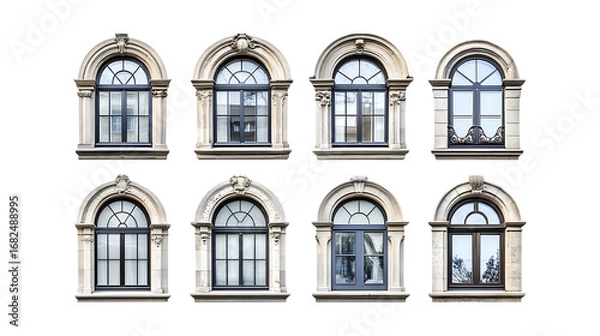 Fototapeta Pack Collection Elegant Arch Windows Architectural Details  Facade Elements set against transparent background