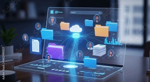 Fototapeta Interactive Digital Workspace Connecting Global Teams Through Cloud Data Management