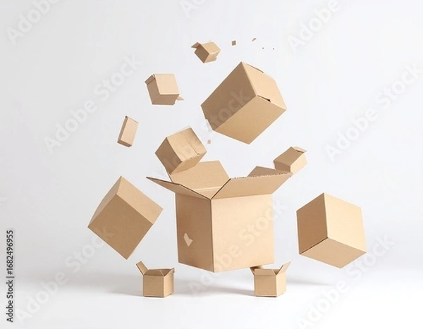 Fototapeta A disorganized stack of cardboard boxes in various sizes, with one box flaps ajar, revealing its contents peeking out, set against a neutral background.