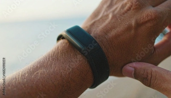 Fototapeta A close-up of a person's arm wearing a black fitness tracker, with their other hand touching the smart band to check their activity.