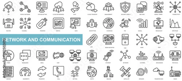 Obraz Network and communication icon collection set. System setting, API, Cloud transfer, Security shield, People network icon. Simple line vector.