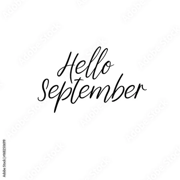 Fototapeta Hello September calligraphy inscription. Autumn greeting card, postcard, card, postcard, invitation, banner template. Vector brush calligraphy. Hand lettering typography.
