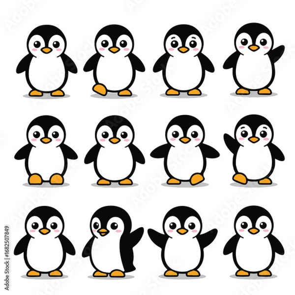 Fototapeta A delightful collection of charming 2D flat design penguin mascot illustrations, perfect for logos, presented as a set of isolated vector characters on a clean white background.