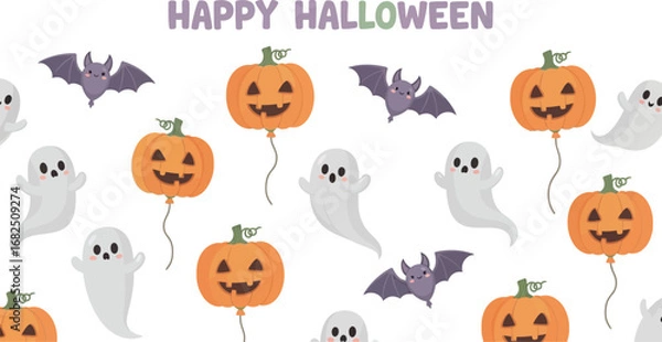 Fototapeta Happy halloween seamless pattern featuring cute ghosts, bats, and pumpkin balloons, festive design for wrapping paper, fabric, or decoration